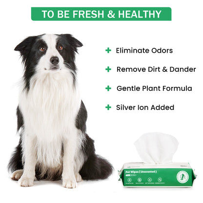 PETMARVEL Silver Ion Antibacterial Dog Cat Wipes Unscented, Hypoallergenic For Paws Butt Face & Ear